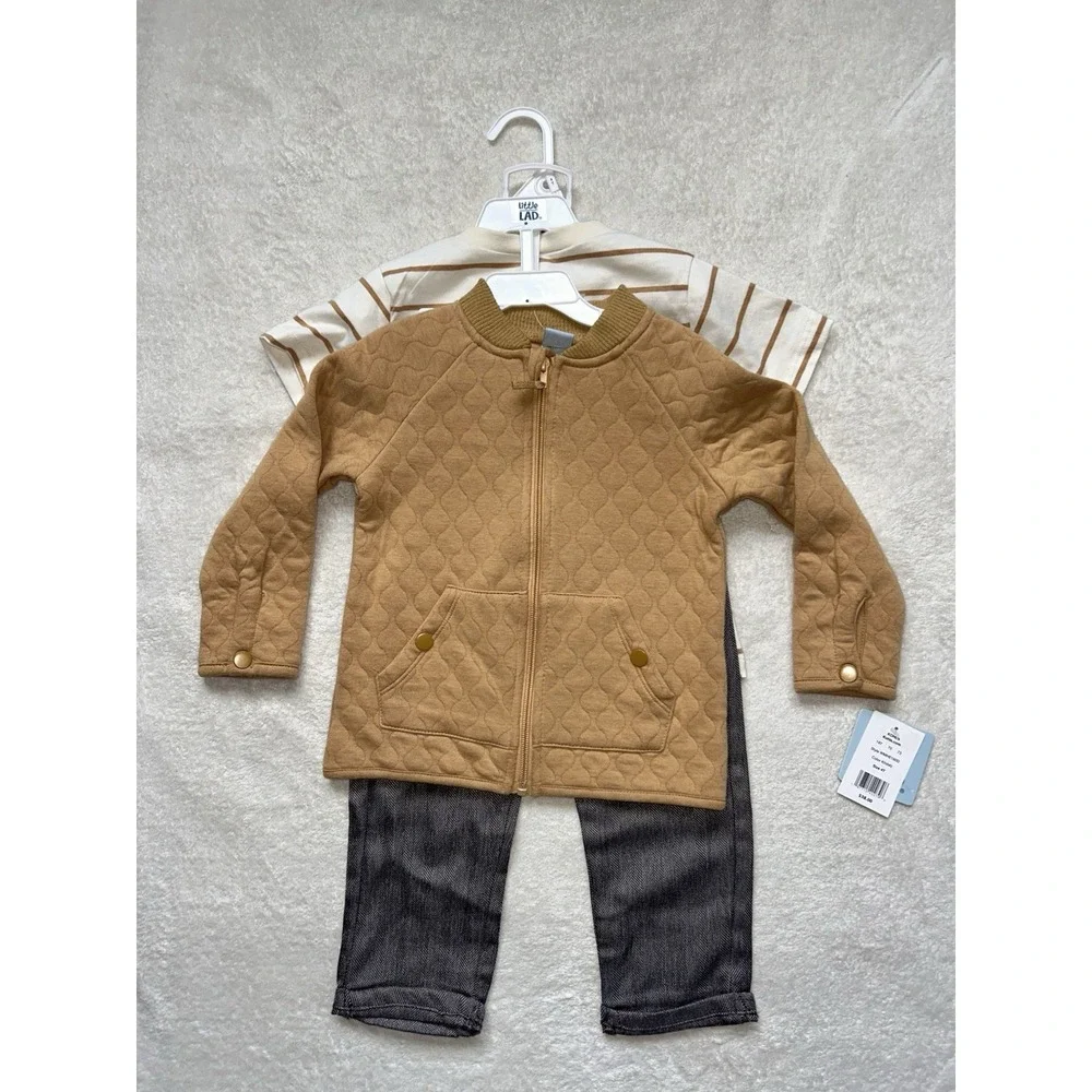 Little Lad Boys 3pc Set Quilted Jacket Striped Henley Herringbone Pants 4T Khaki